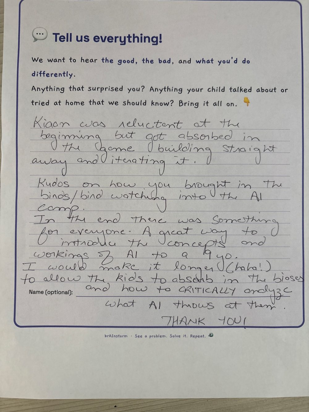 Handwritten parent feedback card: reluctant at the beginning, absorbed in game building straight away — would make the camp longer