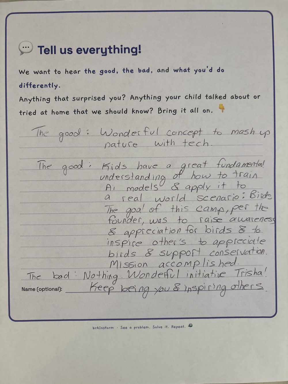 Handwritten parent feedback card: wonderful concept to mash up nature with tech — mission accomplished