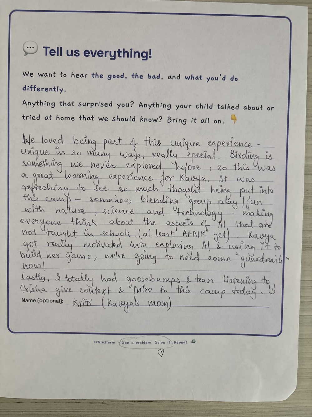 Handwritten parent feedback card: we loved being part of this unique experience — goosebumps and tears listening to Trisha