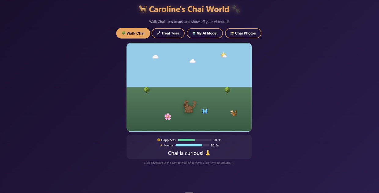 Caroline's Chai World — virtual pet game powered by Teachable Machine